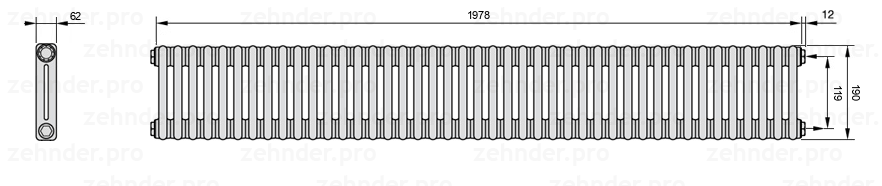 Схема (чертеж) Радиатор Zehnder Charleston 2019/43 №7610 Белый глянцевый RAL 9016